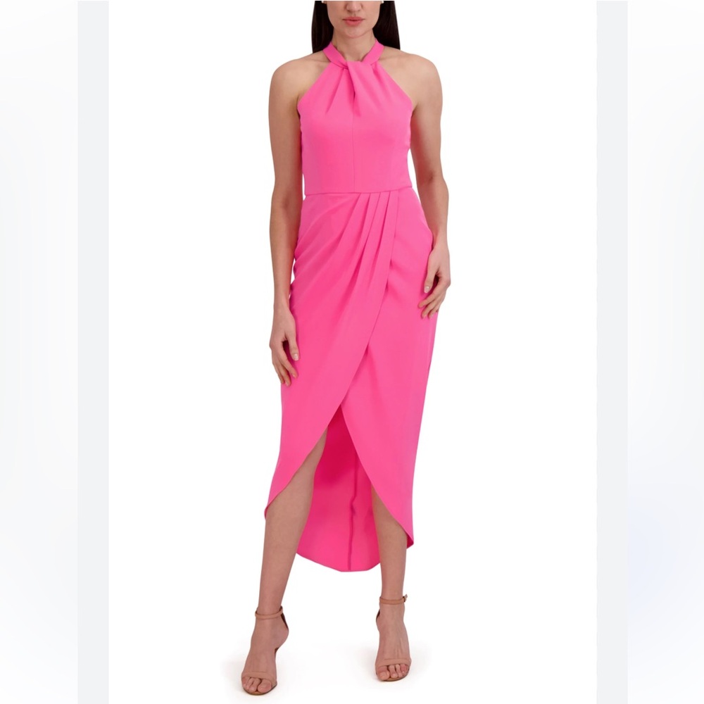 Julia Jordan halter Knot Neck Tulip Hem Midi Dress Size 2 Neon Hot Pink